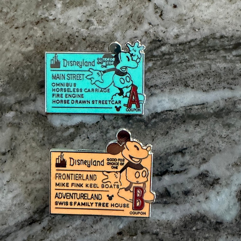 Disney Hidden Mickey Disneyland Ticket Coupon Pins Mickey Donald A B Set of 2
